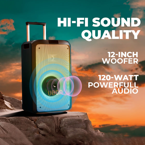 UBON HT-1570 Party Speaker: 120W Power, 12-Inch Woofer, RGB Lights, Dual Mics, and Hi-Fi Sound with Rechargeable Battery