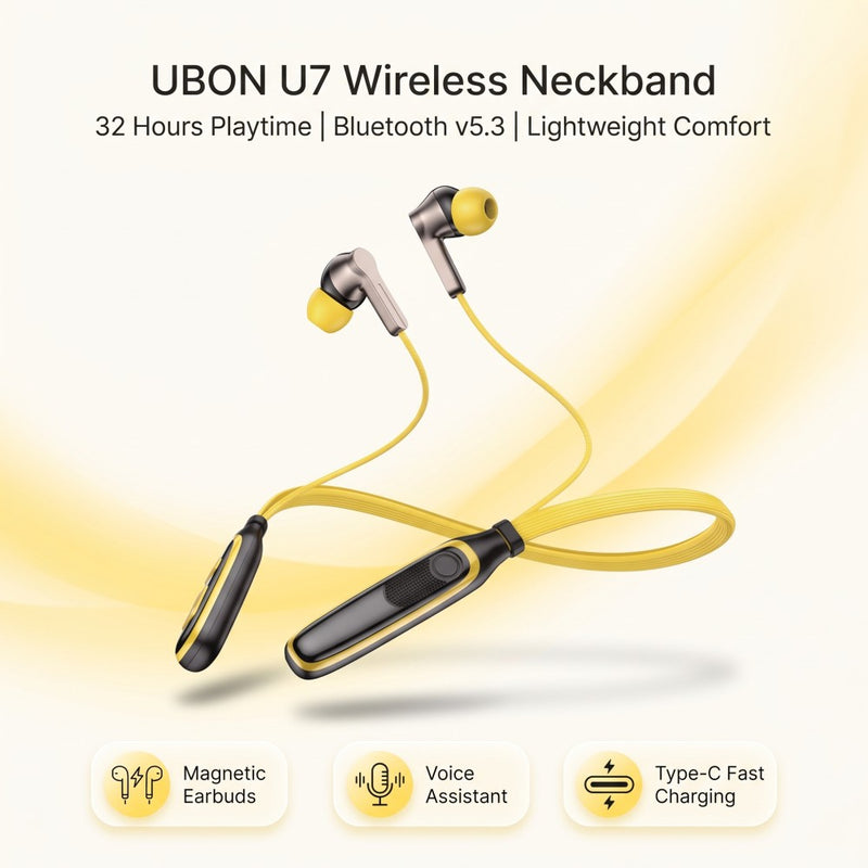 UBON U7 U Series Wireless Bluetooth Neckband with 32 Hours Playtime, Deep Bass & Type-C Charging
