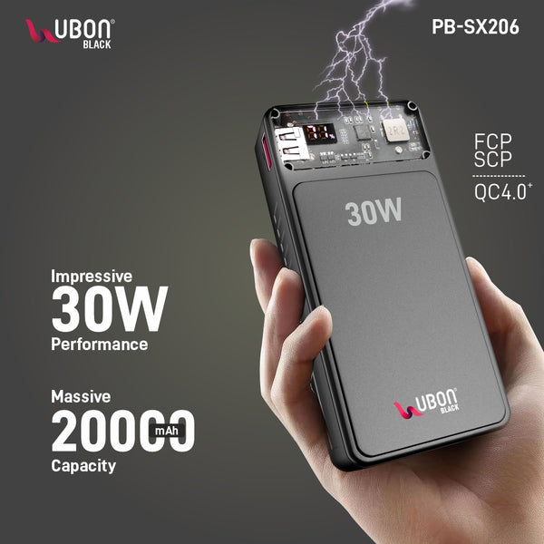 UBON PB-SX206 20000mAh Power Bank: 30W Fast Charging, PD & QC Modes, 6-in-1 Power Bank, and Intelligent Safety Features