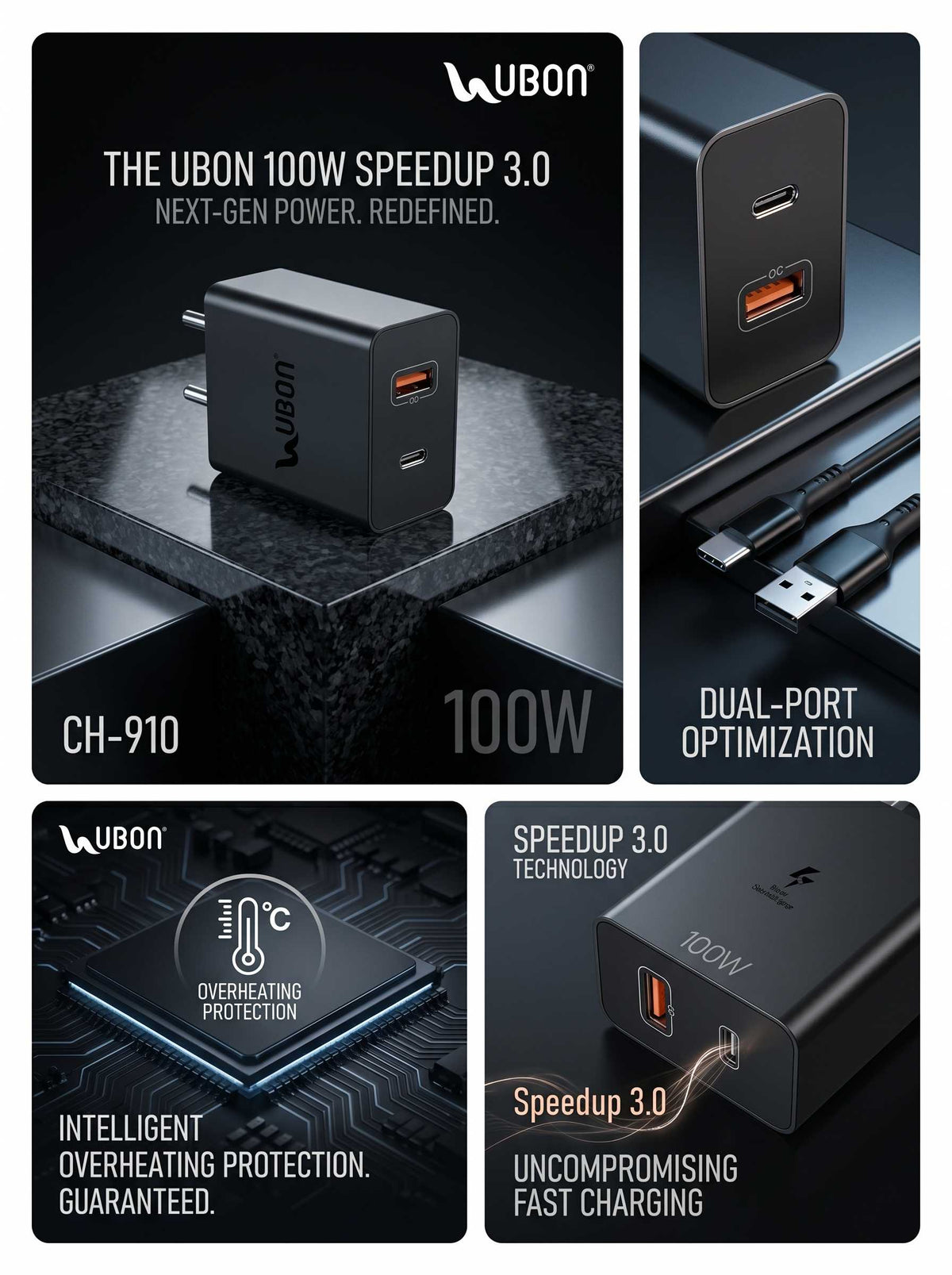 Ubon Speedup 3.0 CH-910 100W Fast Charger for IOS and Android Devices