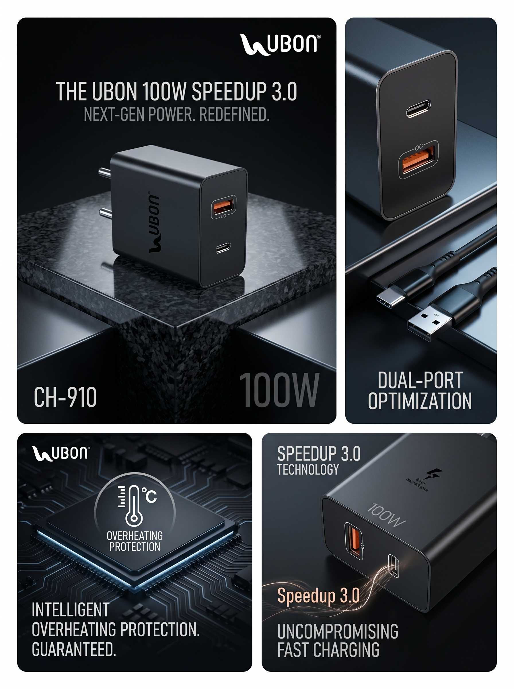 Ubon Speedup 3.0 CH-910 100W Fast Charger for IOS and Android Devices