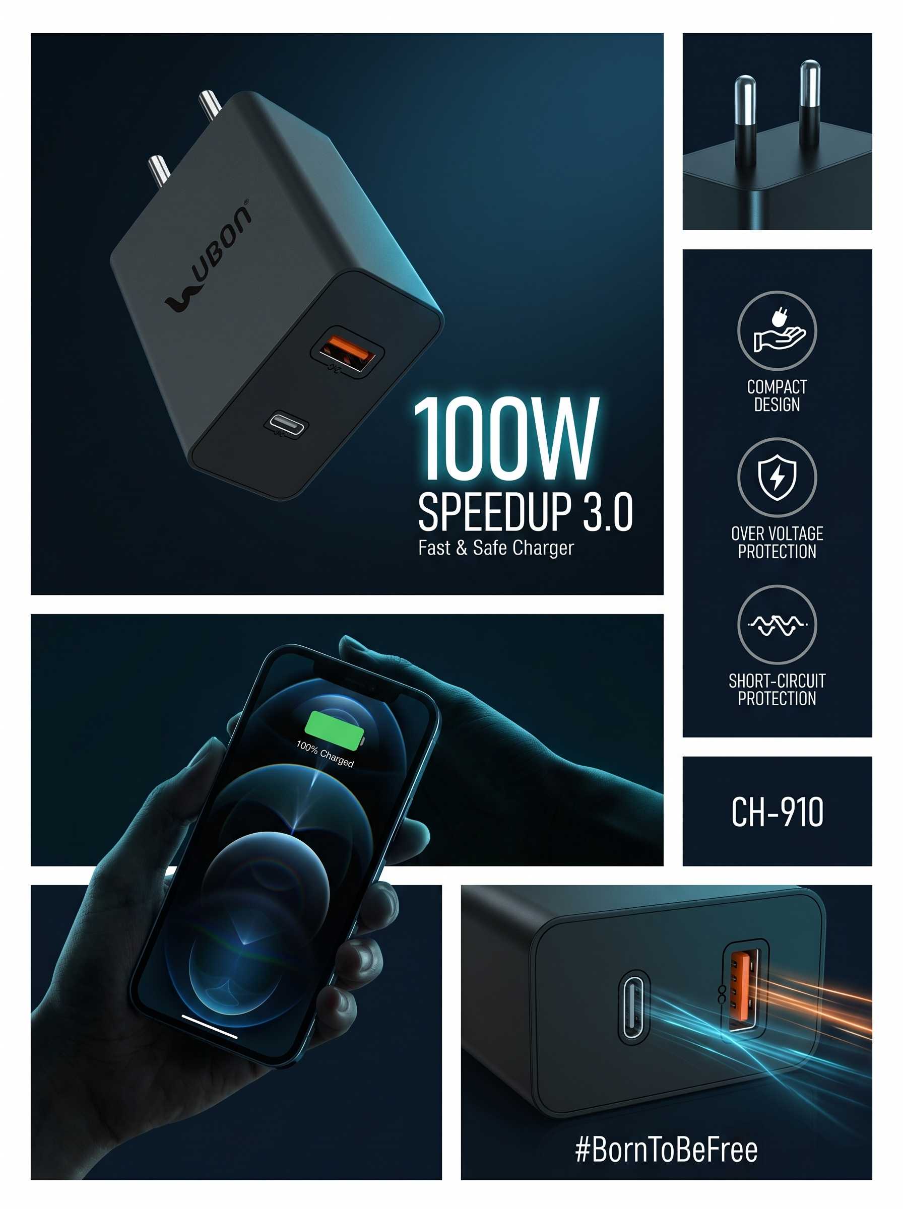 Ubon Speedup 3.0 CH-910 100W Fast Charger for IOS and Android Devices