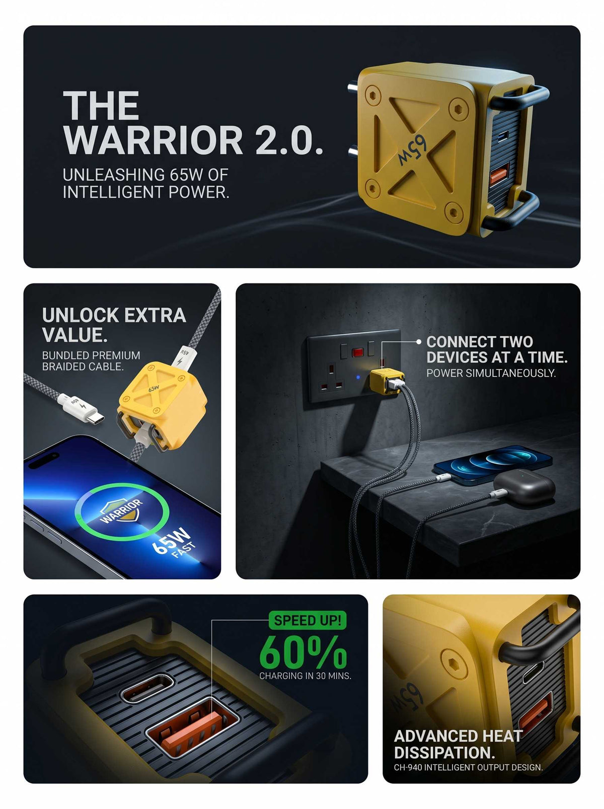 UBON CH-940 Warrior 2.0 65W Dual Port Fast Charger