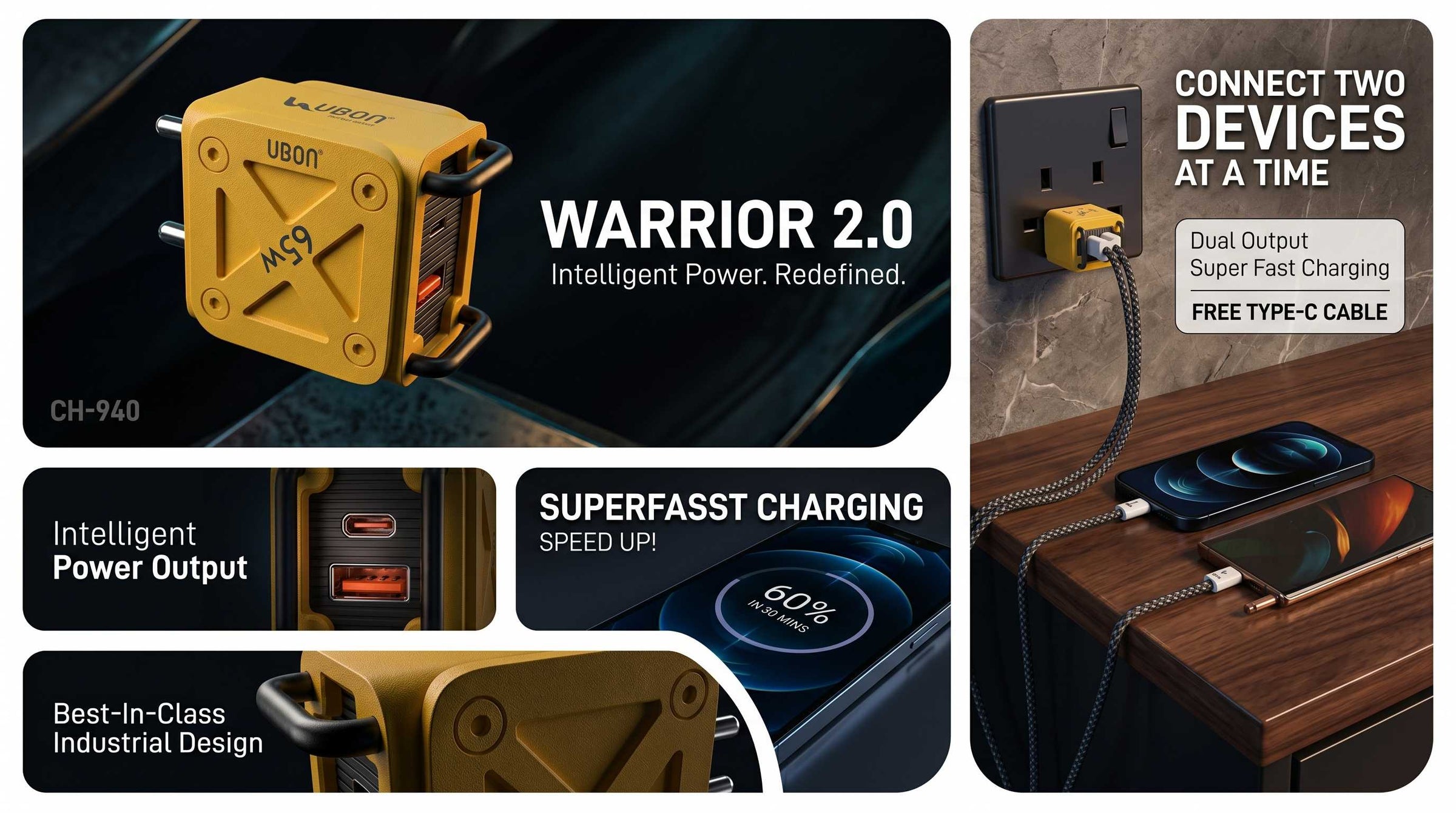 UBON CH-940 Warrior 2.0 65W Dual Port Fast Charger