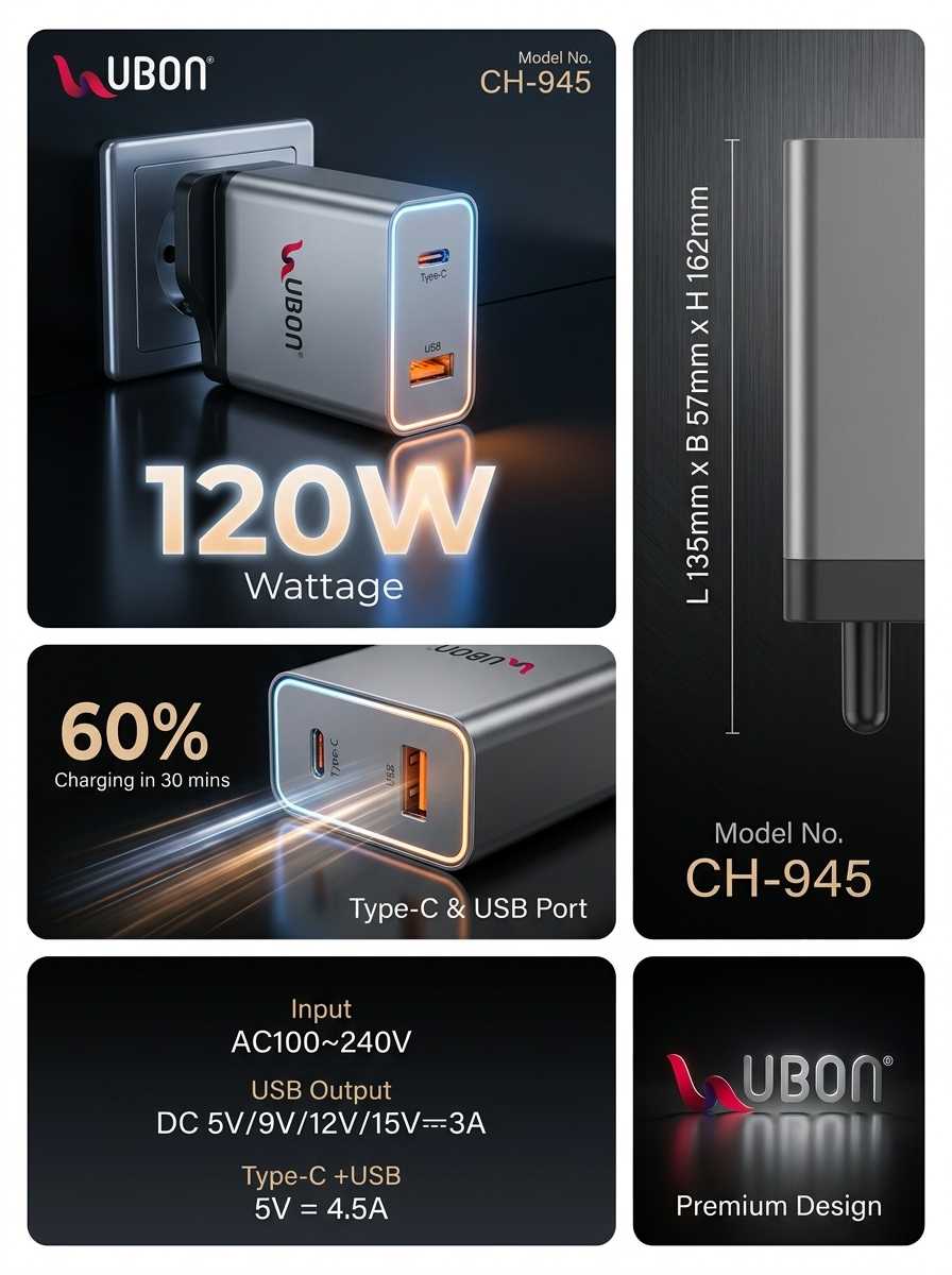 UBON CH-945 Boss Series Dual Port Fast Wall Charger