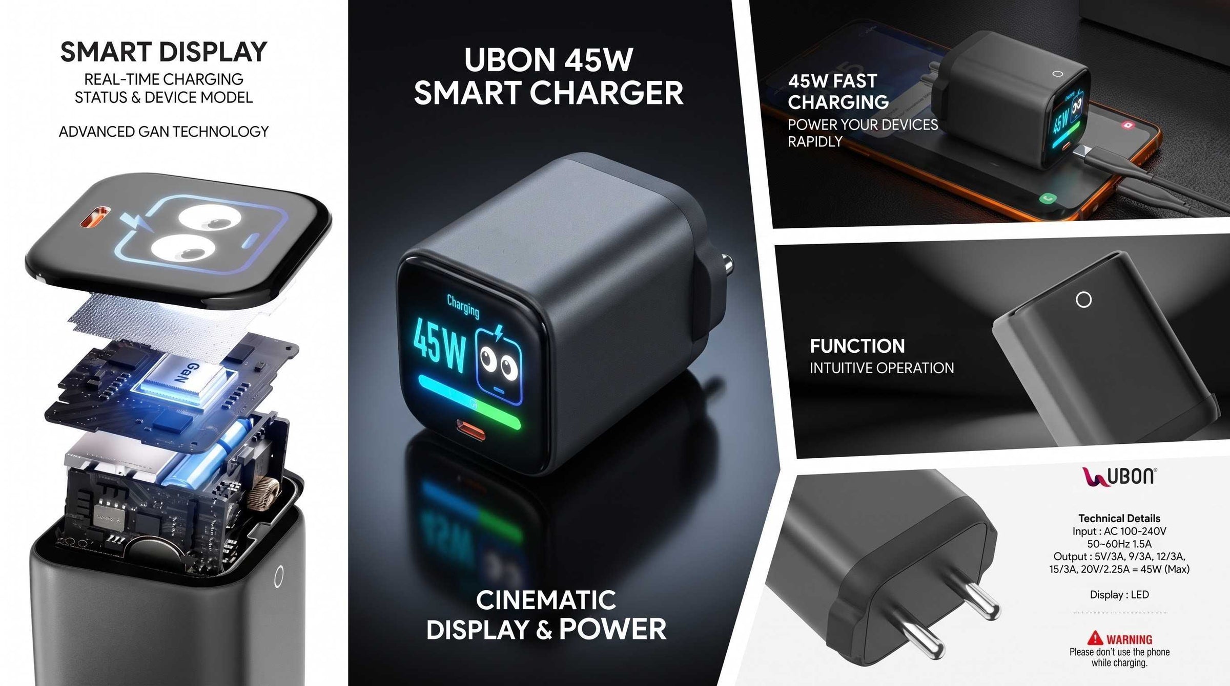 CH-905 AI GAN PD Charger | 45W Fast Charger with Smart Display With Type C to C Cable
