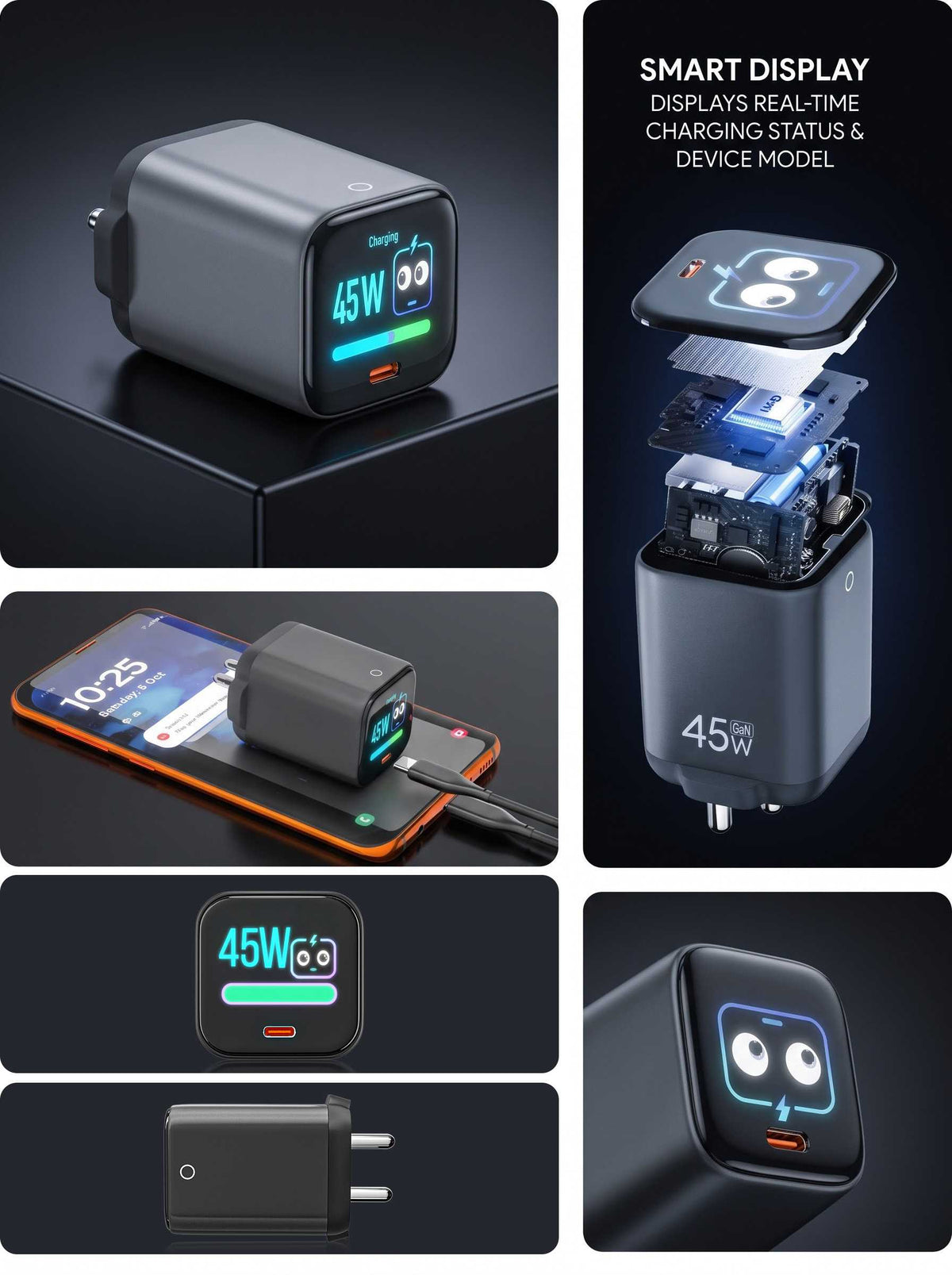 CH-905 AI GAN PD Charger | 45W Fast Charger with Smart Display With Type C to C Cable
