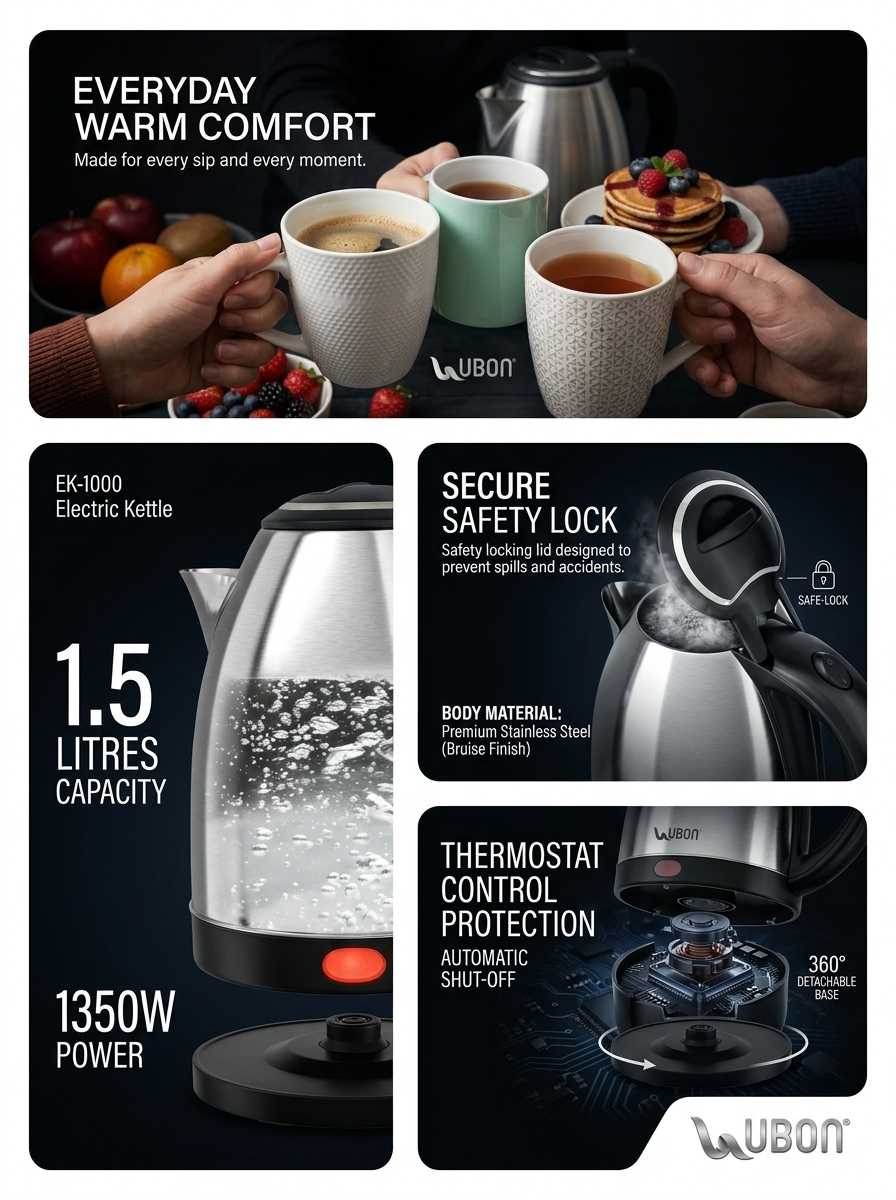 EK-1000 Premium Electric Kettle | 1.5L, 1350W, Stainless Steel Body