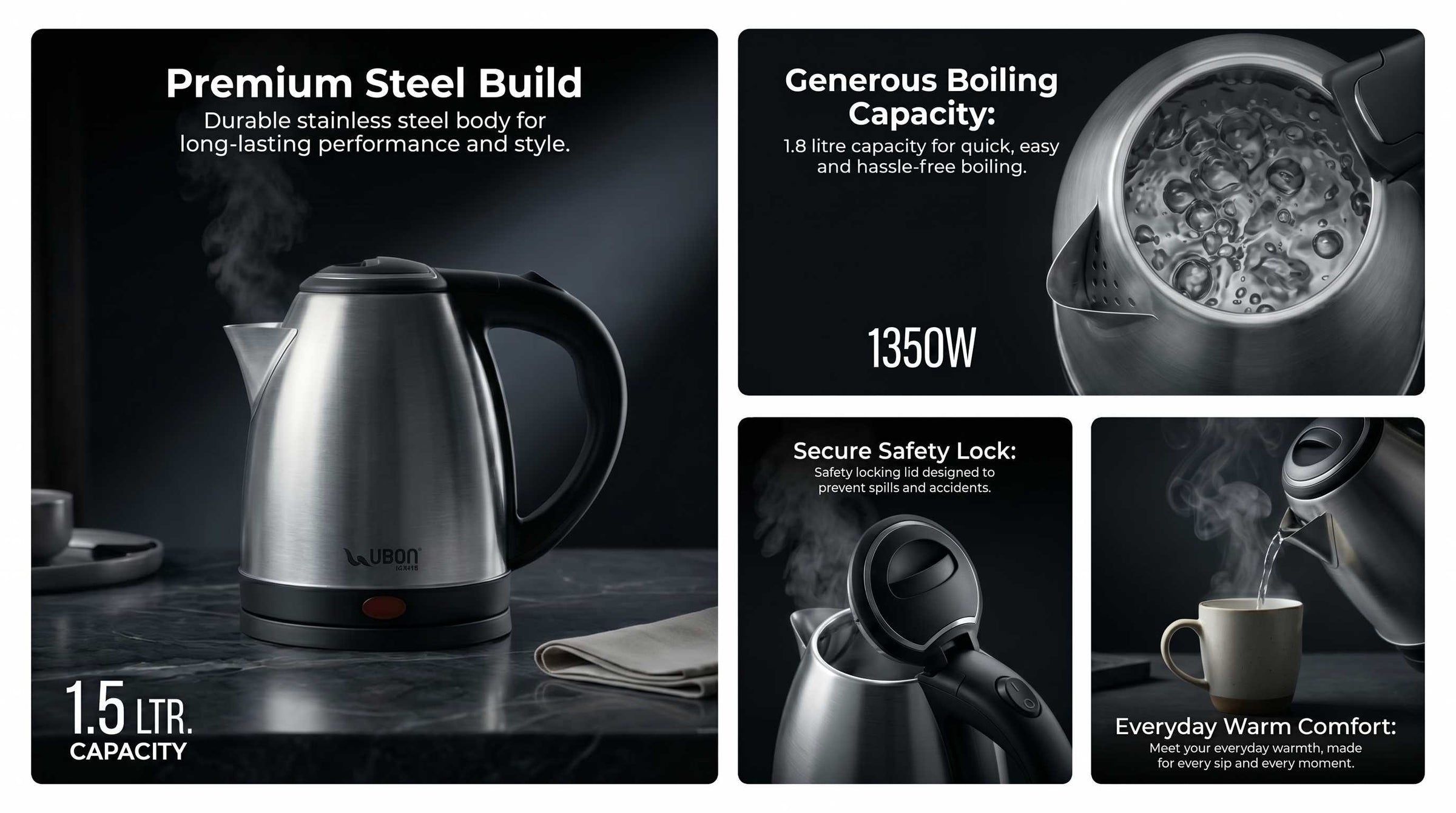 EK-1000 Premium Electric Kettle | 1.5L, 1350W, Stainless Steel Body