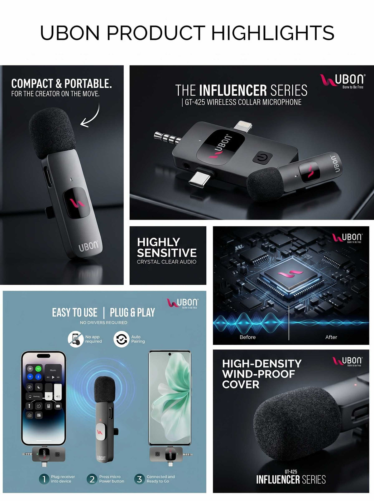 UBON GT-425 Influencer Series Wireless Collar Microphone