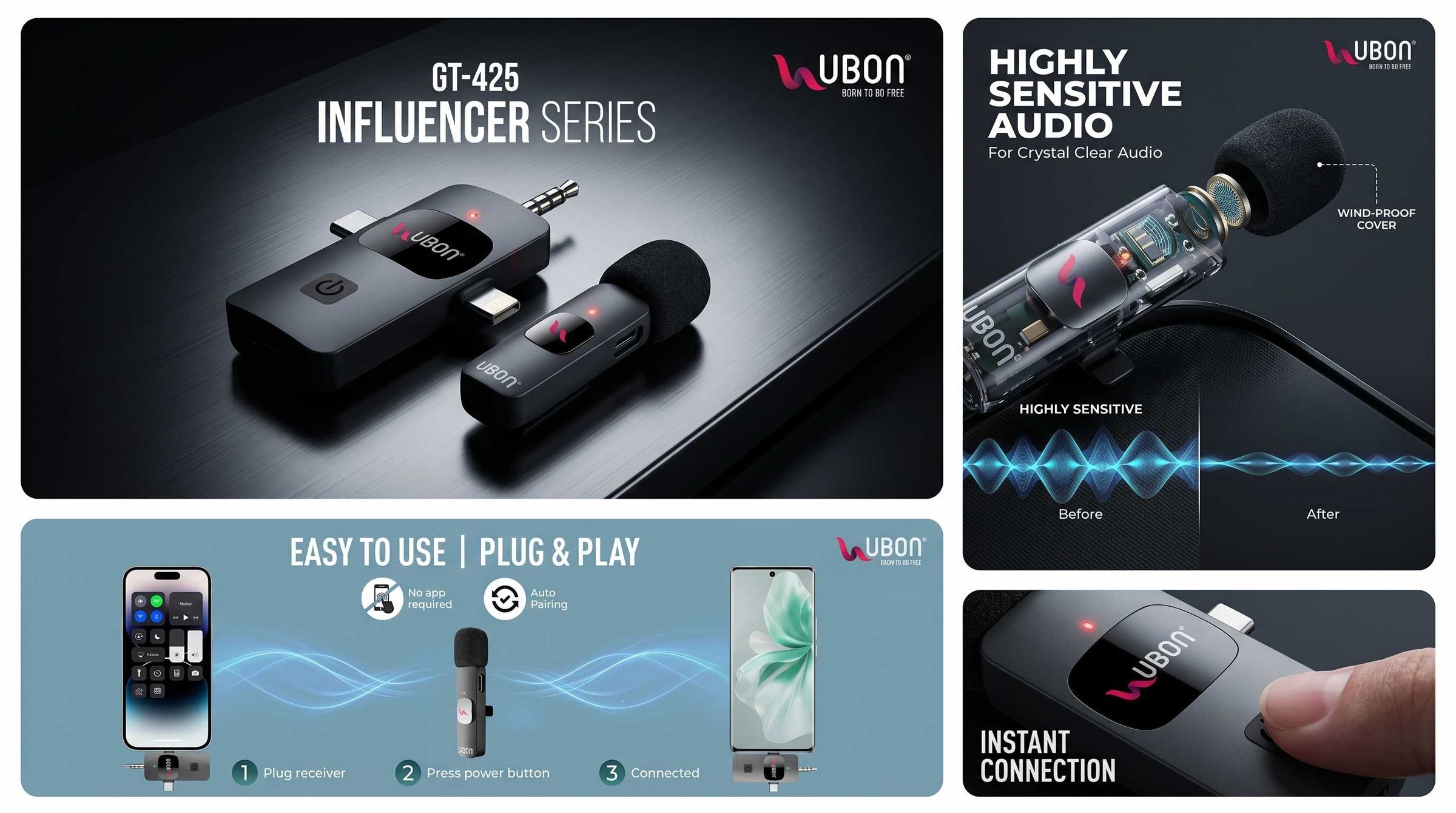 UBON GT-425 Influencer Series Wireless Collar Microphone