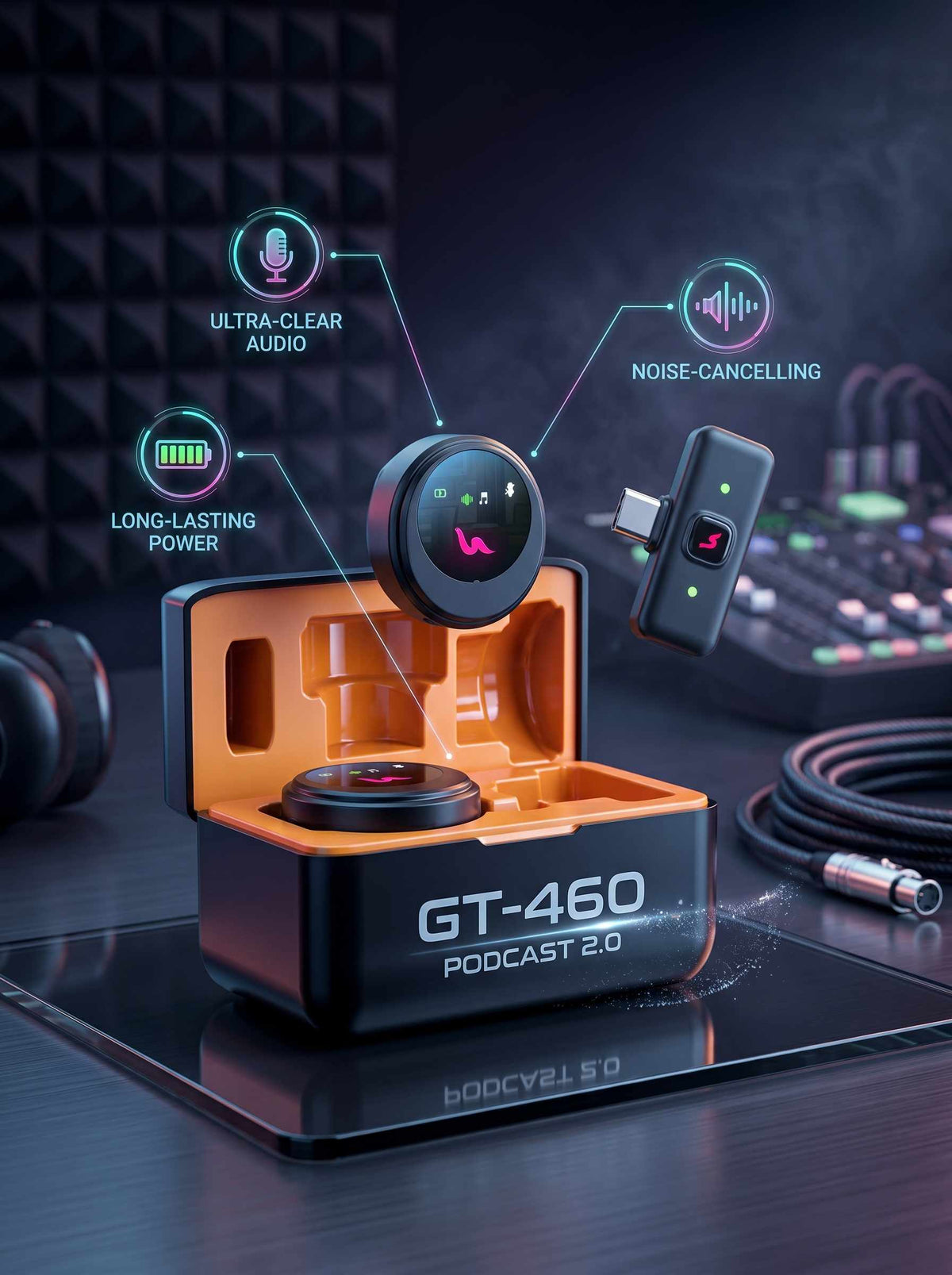 GT-460 Podcast 2.0 Wireless Collar Microphone – Ultra-Clear, Long-Lasting, Noise-Cancelling Mic for Creators