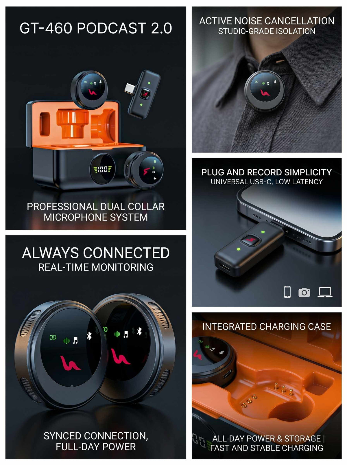 GT-460 Podcast 2.0 Wireless Collar Microphone – Ultra-Clear, Long-Lasting, Noise-Cancelling Mic for Creators