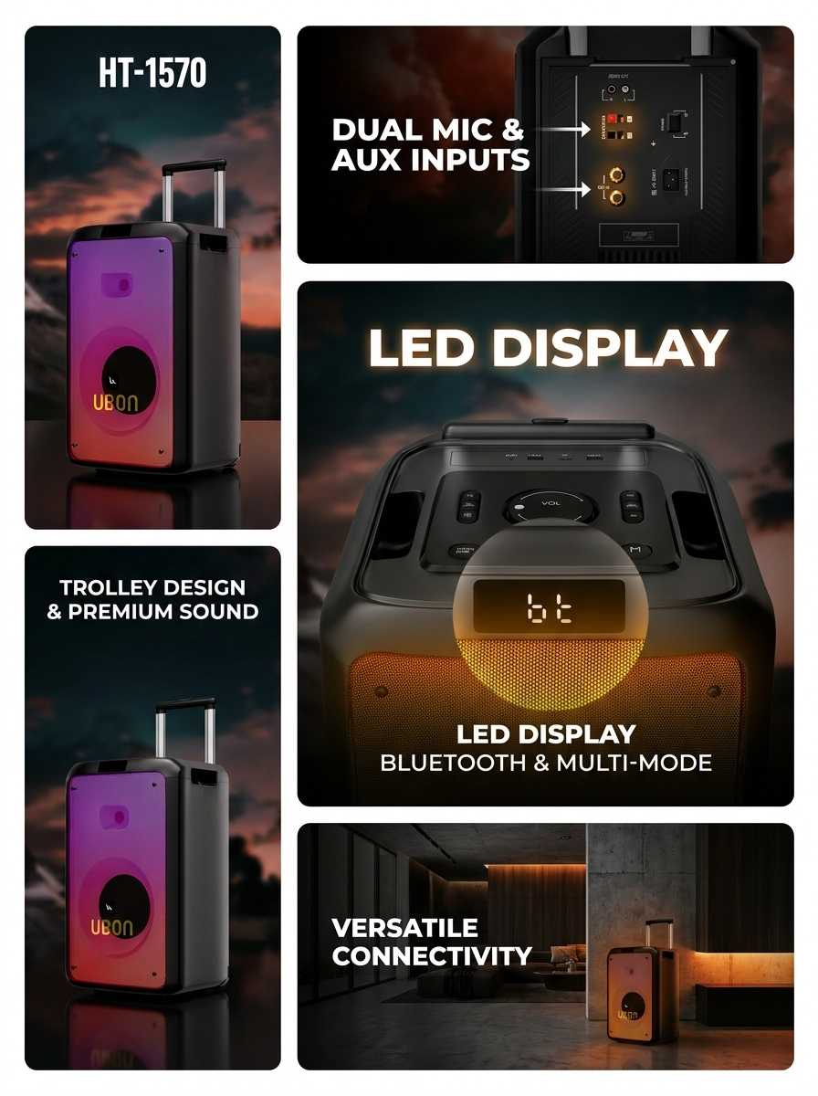 UBON HT-1570 Party Speaker: 120W Power, 12-Inch Woofer, RGB Lights, Dual Mics, and Hi-Fi Sound with Rechargeable Battery