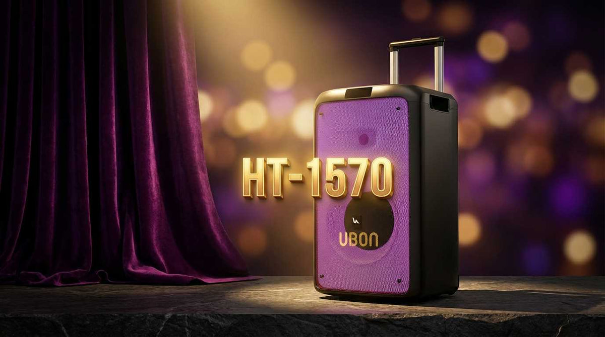 UBON HT-1570 Party Speaker: 120W Power, 12-Inch Woofer, RGB Lights, Dual Mics, and Hi-Fi Sound with Rechargeable Battery
