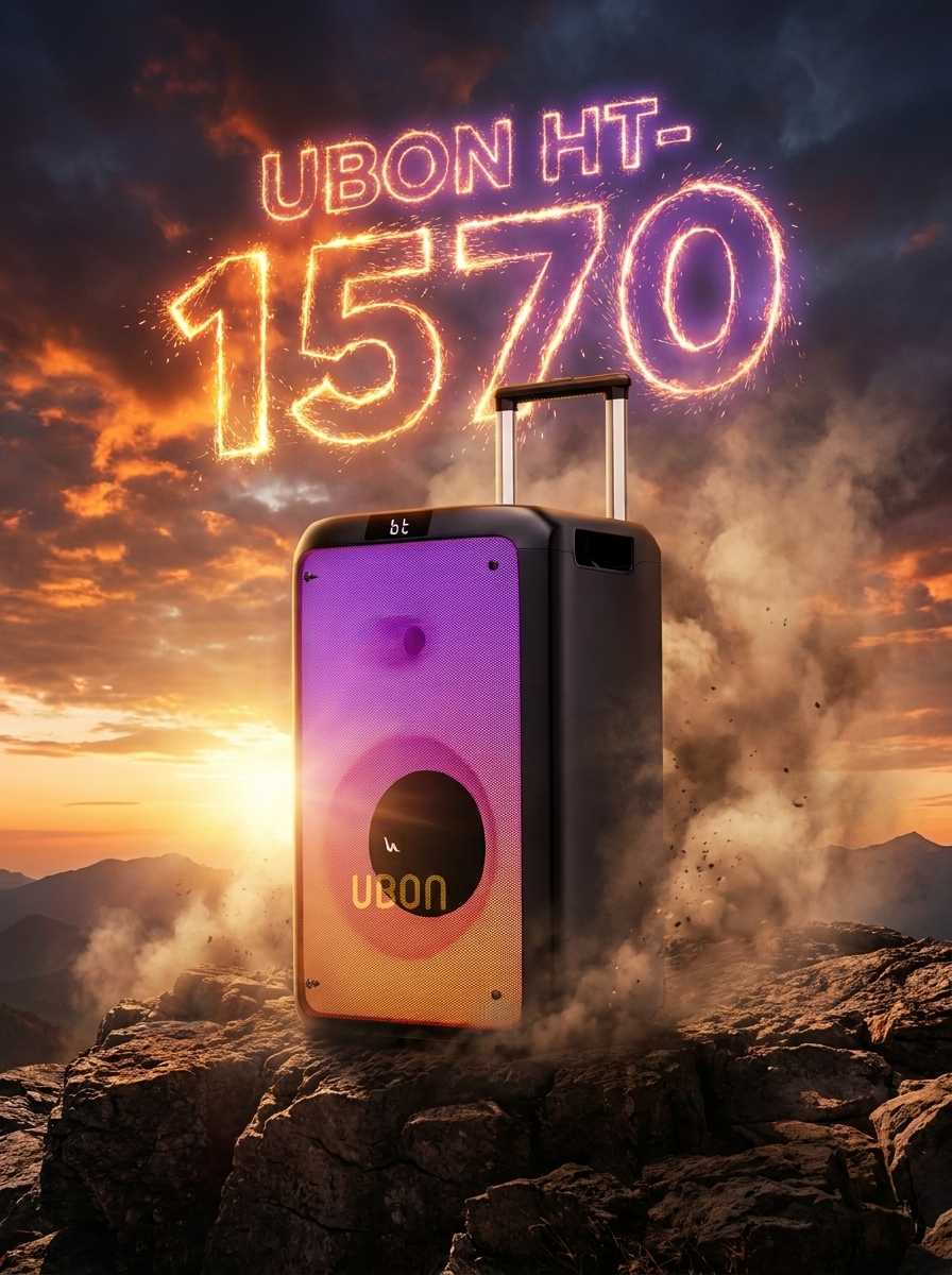 UBON HT-1570 Party Speaker: 120W Power, 12-Inch Woofer, RGB Lights, Dual Mics, and Hi-Fi Sound with Rechargeable Battery