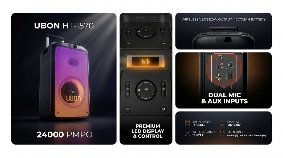 UBON HT-1570 Party Speaker: 120W Power, 12-Inch Woofer, RGB Lights, Dual Mics, and Hi-Fi Sound with Rechargeable Battery