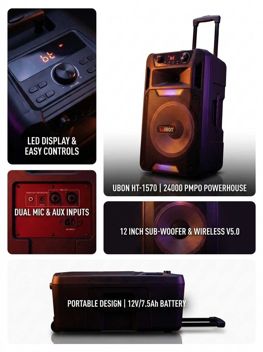 UBON HT-1570 Party Speaker: 120W Power, 12-Inch Woofer, RGB Lights, Dual Mics, and Hi-Fi Sound with Rechargeable Battery