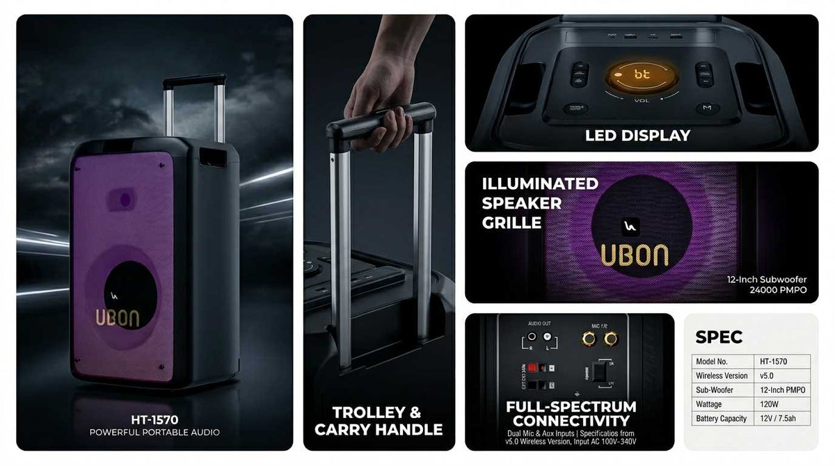 UBON HT-1570 Party Speaker: 120W Power, 12-Inch Woofer, RGB Lights, Dual Mics, and Hi-Fi Sound with Rechargeable Battery