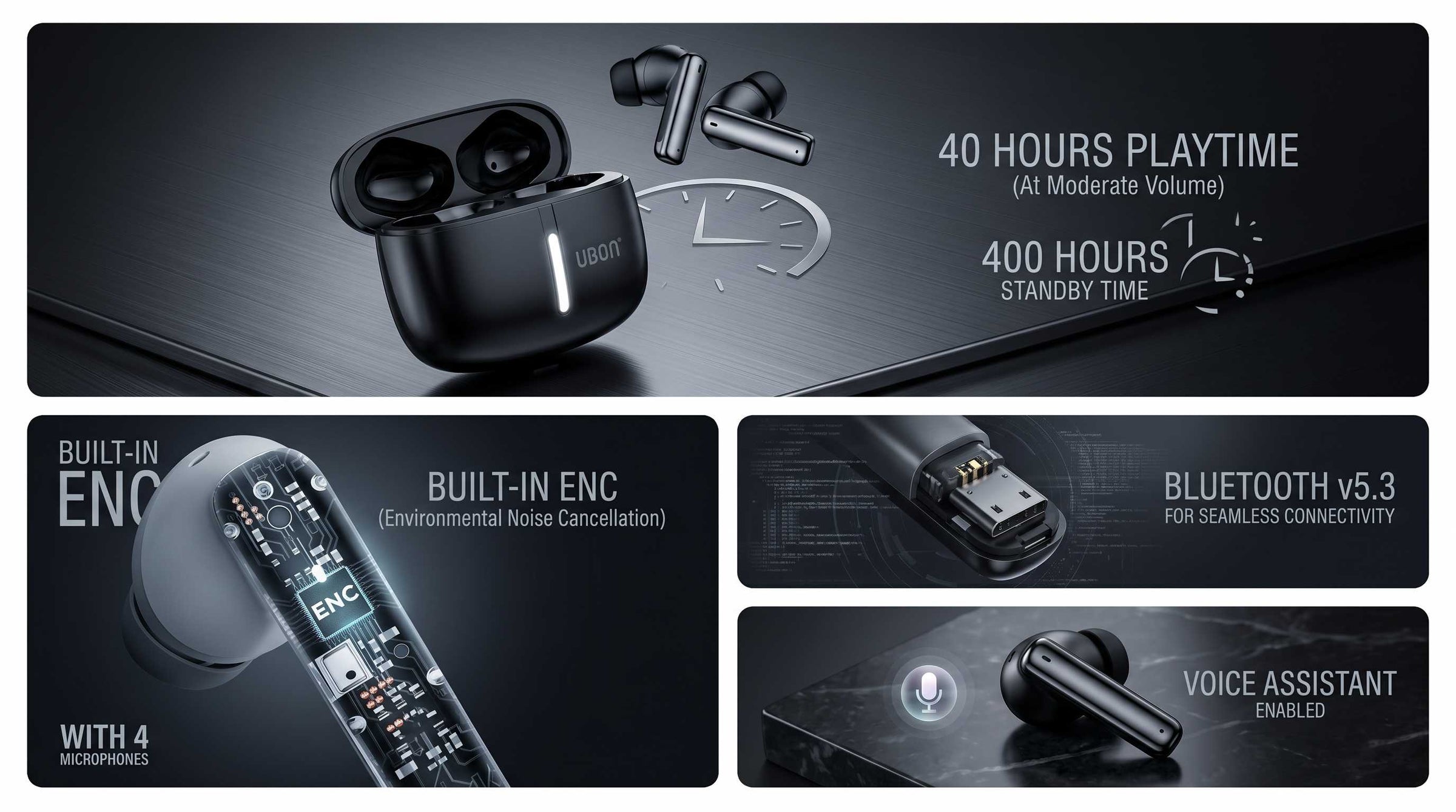 UBON J31 Freedom Series TWS Earbuds | 40Hrs Battery, Bluetooth v5.3, ENC Mic, Voice Assistant