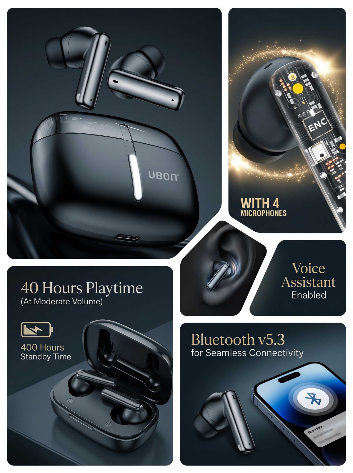 UBON J31 Freedom Series TWS Earbuds | 40Hrs Battery, Bluetooth v5.3, ENC Mic, Voice Assistant