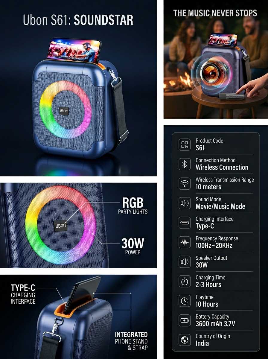 S61 Soundstar Series Speaker   30W Party Speaker with Mic, RGB Lights & Mobile Holder
