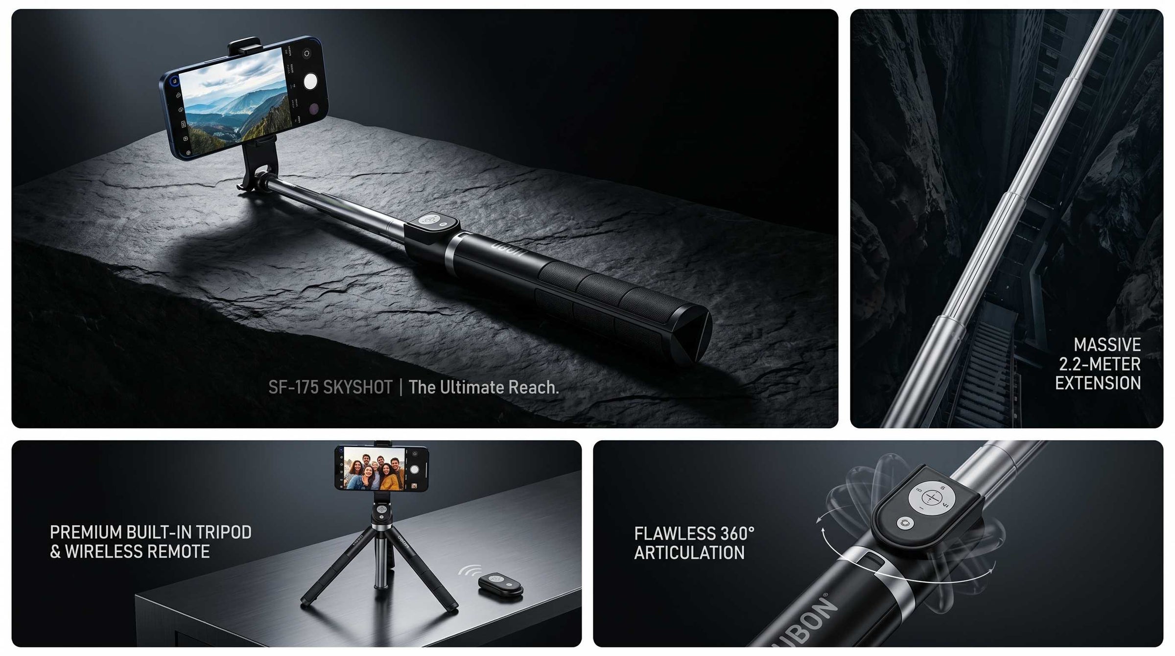 SF-175 SkyShot Selfie Stick Tripod | 2.2M Extendable, Wireless Remote