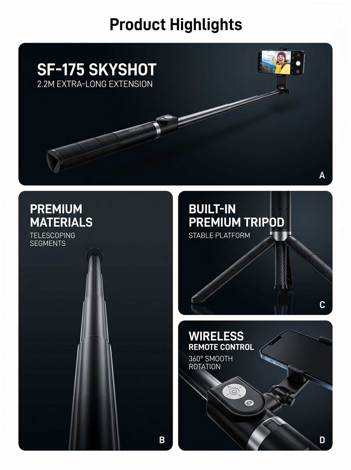 SF-175 SkyShot Selfie Stick Tripod | 2.2M Extendable, Wireless Remote