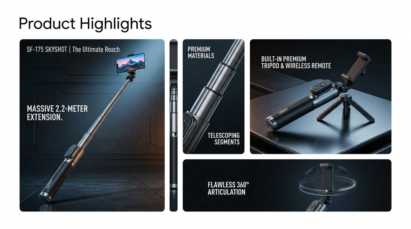 SF-175 SkyShot Selfie Stick Tripod | 2.2M Extendable, Wireless Remote