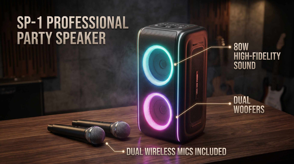 SP-1 Professional Party Speaker | 80W Sound, Dual Woofers, Wireless Mics