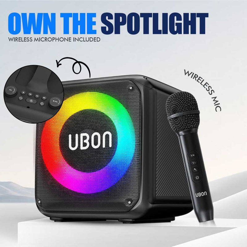 UBON SP-21 Aura Series: Made in India 40W Speaker with RGB Lights & Wireless Microphones