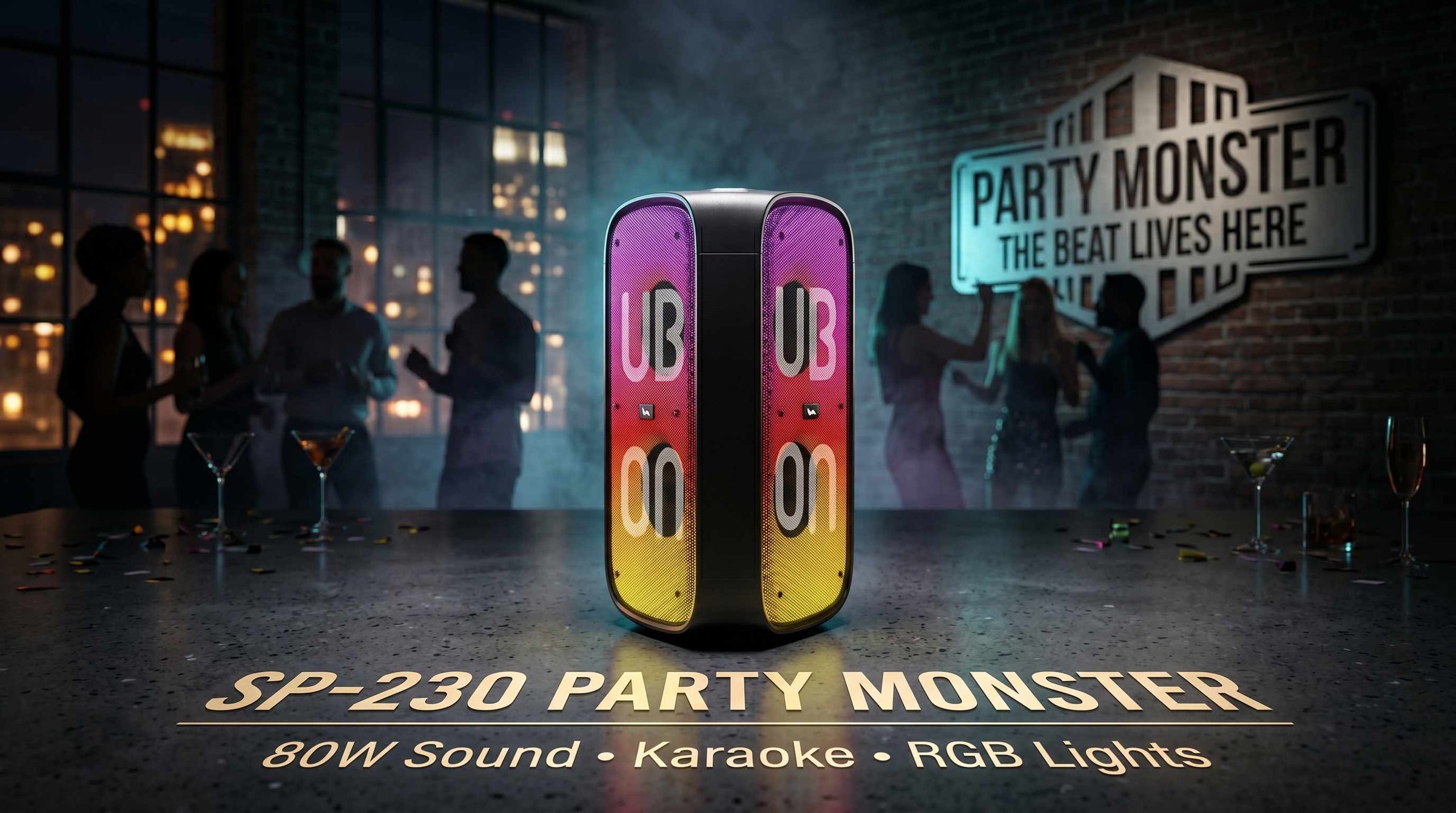 SP-230 Party Monster Wireless Speaker | 80W Sound, Karaoke, RGB Lights