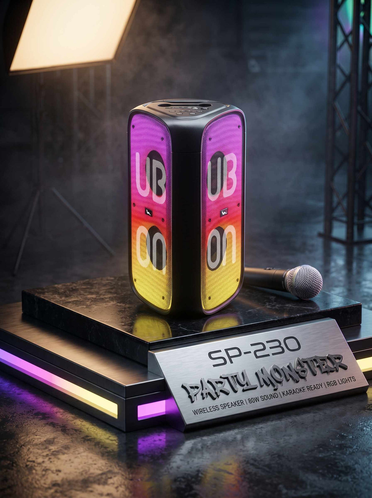 SP-230 Party Monster Wireless Speaker | 80W Sound, Karaoke, RGB Lights