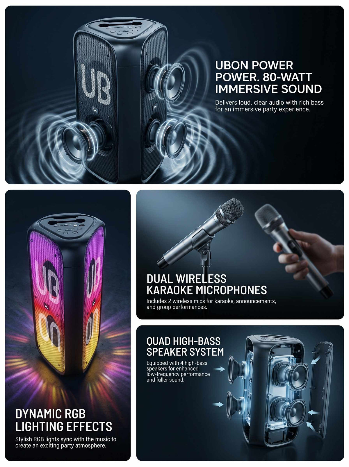 SP-230 Party Monster Wireless Speaker | 80W Sound, Karaoke, RGB Lights
