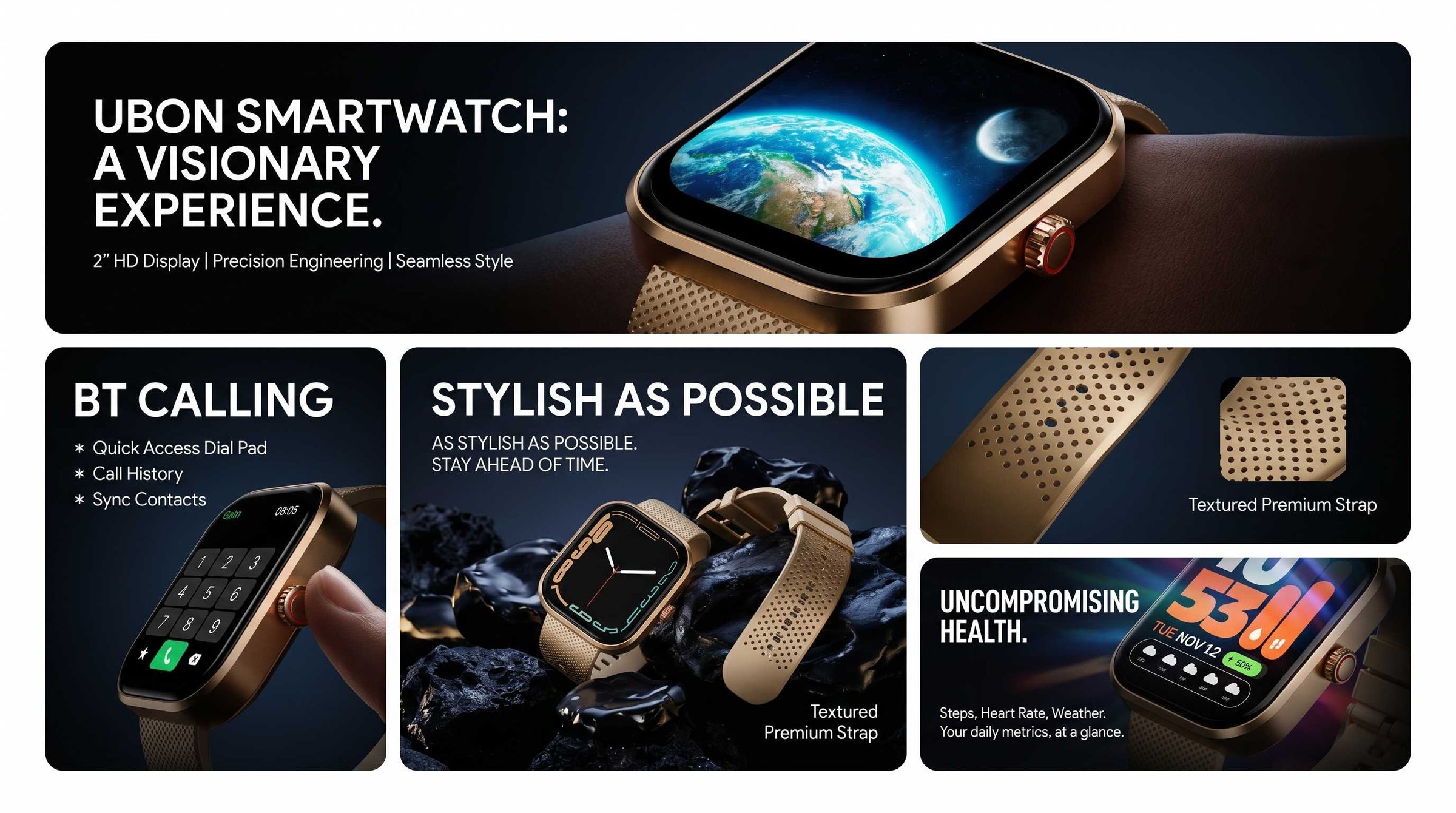 UBON SW-121 Smart Watch with 2" Display, 72 Hrs. Runtime!