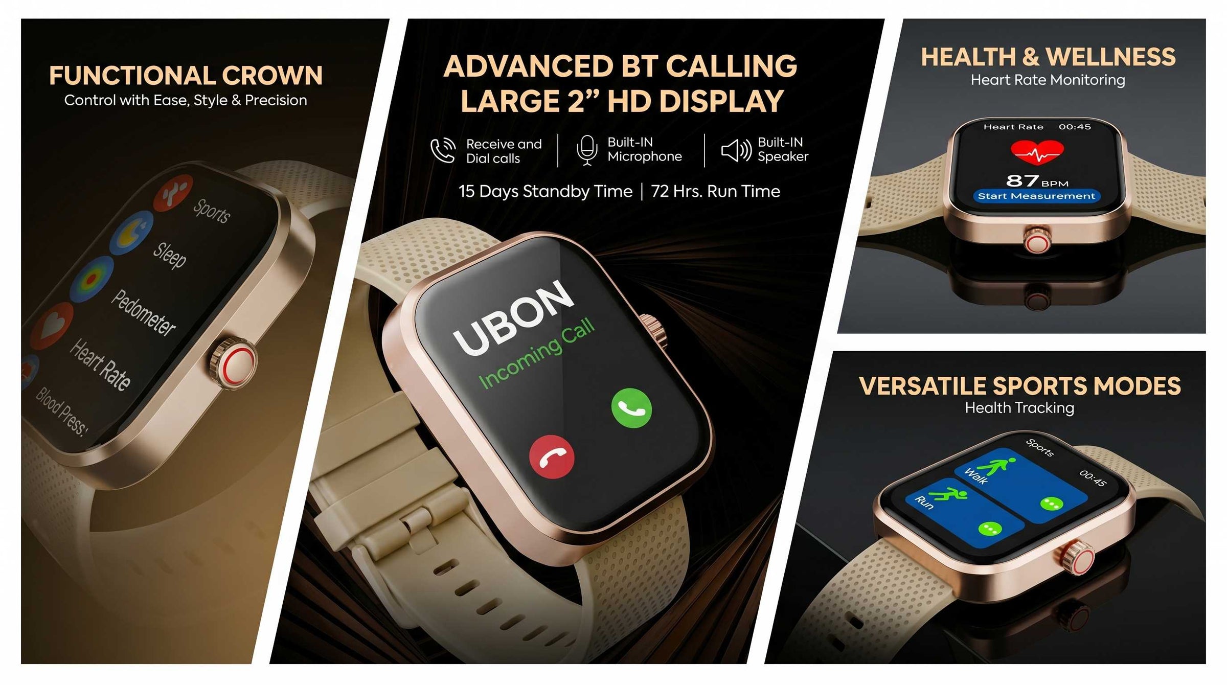 UBON SW-121 Smart Watch with 2" Display, 72 Hrs. Runtime!