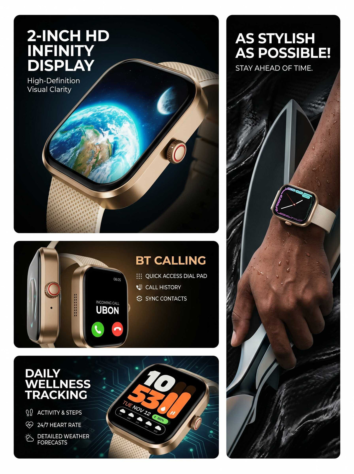 UBON SW-121 Smart Watch with 2" Display, 72 Hrs. Runtime!