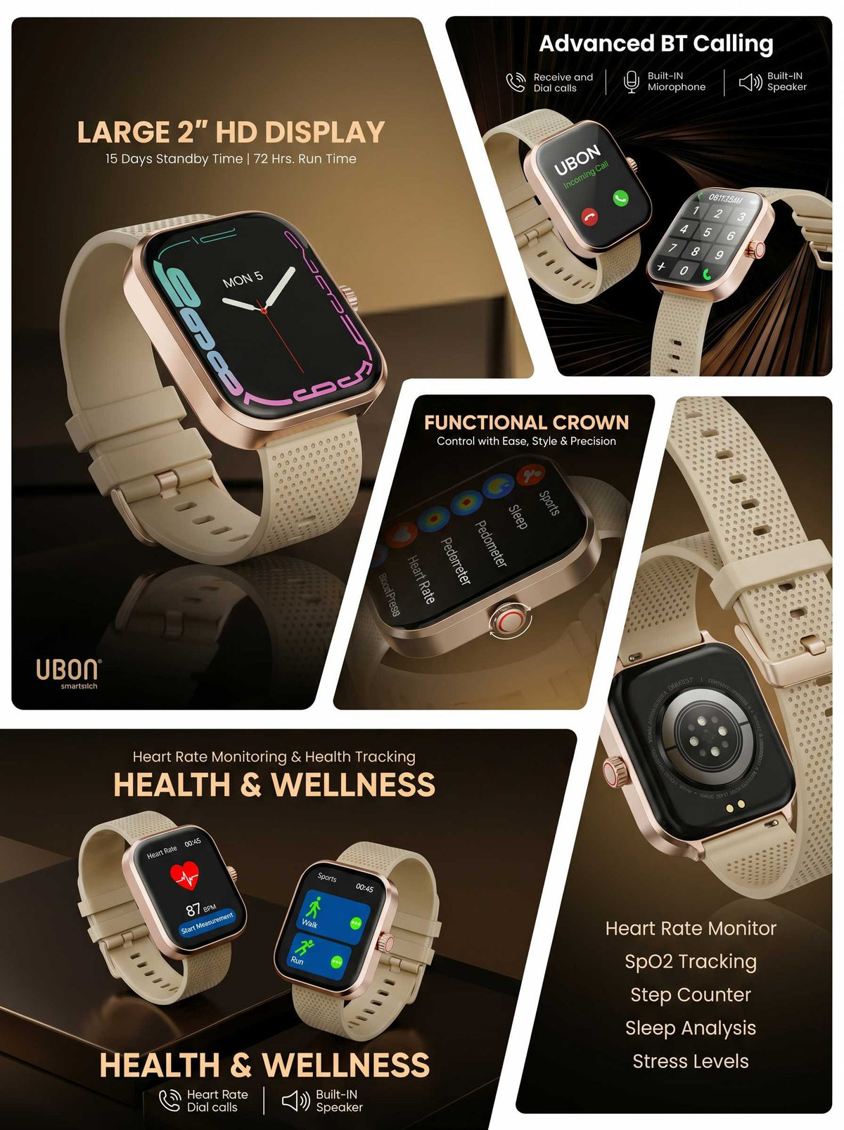 UBON SW-121 Smart Watch with 2" Display, 72 Hrs. Runtime!