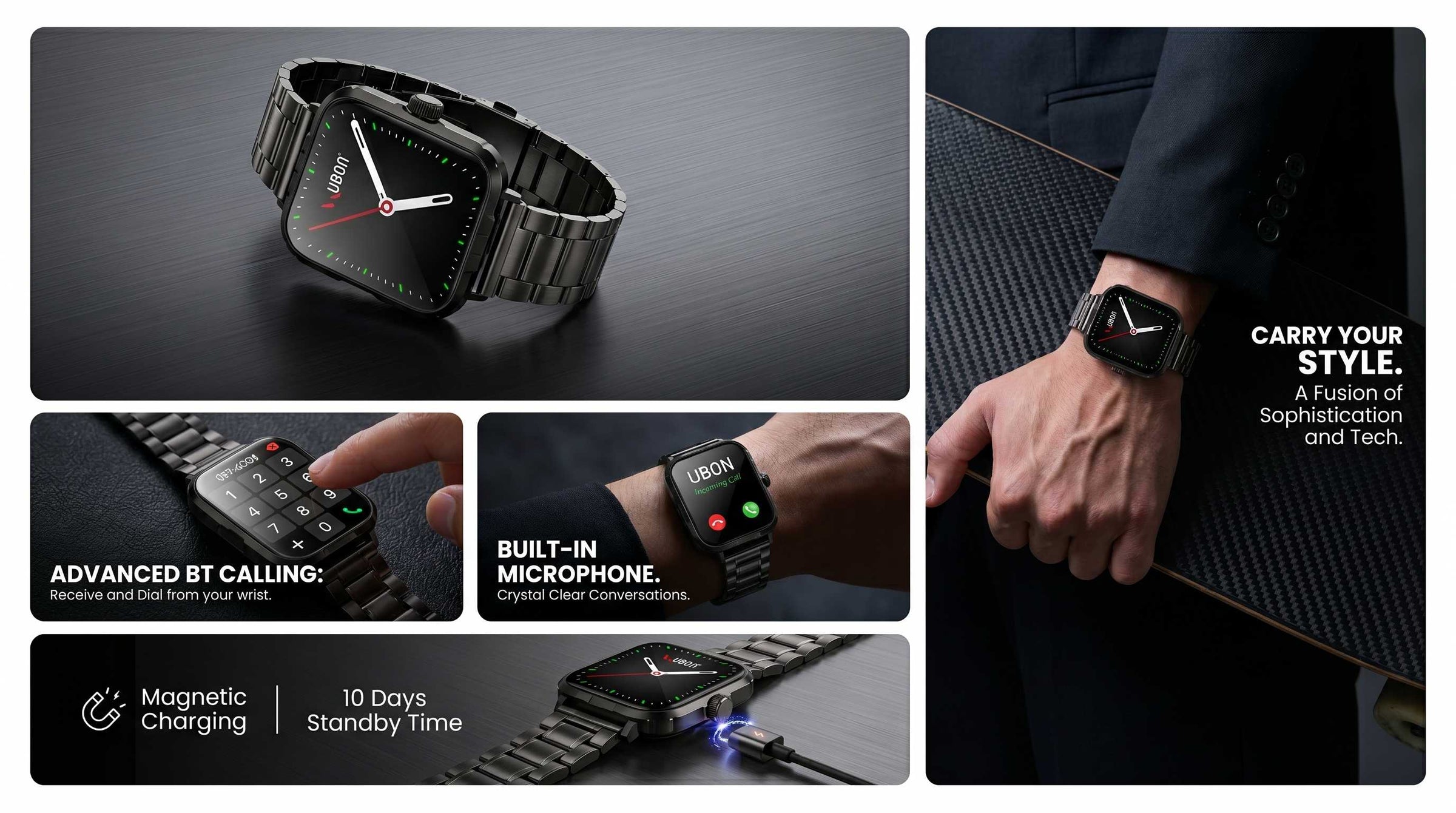 UBON Black SW-181 Active Pro Smartwatch with Premium Metal Strap