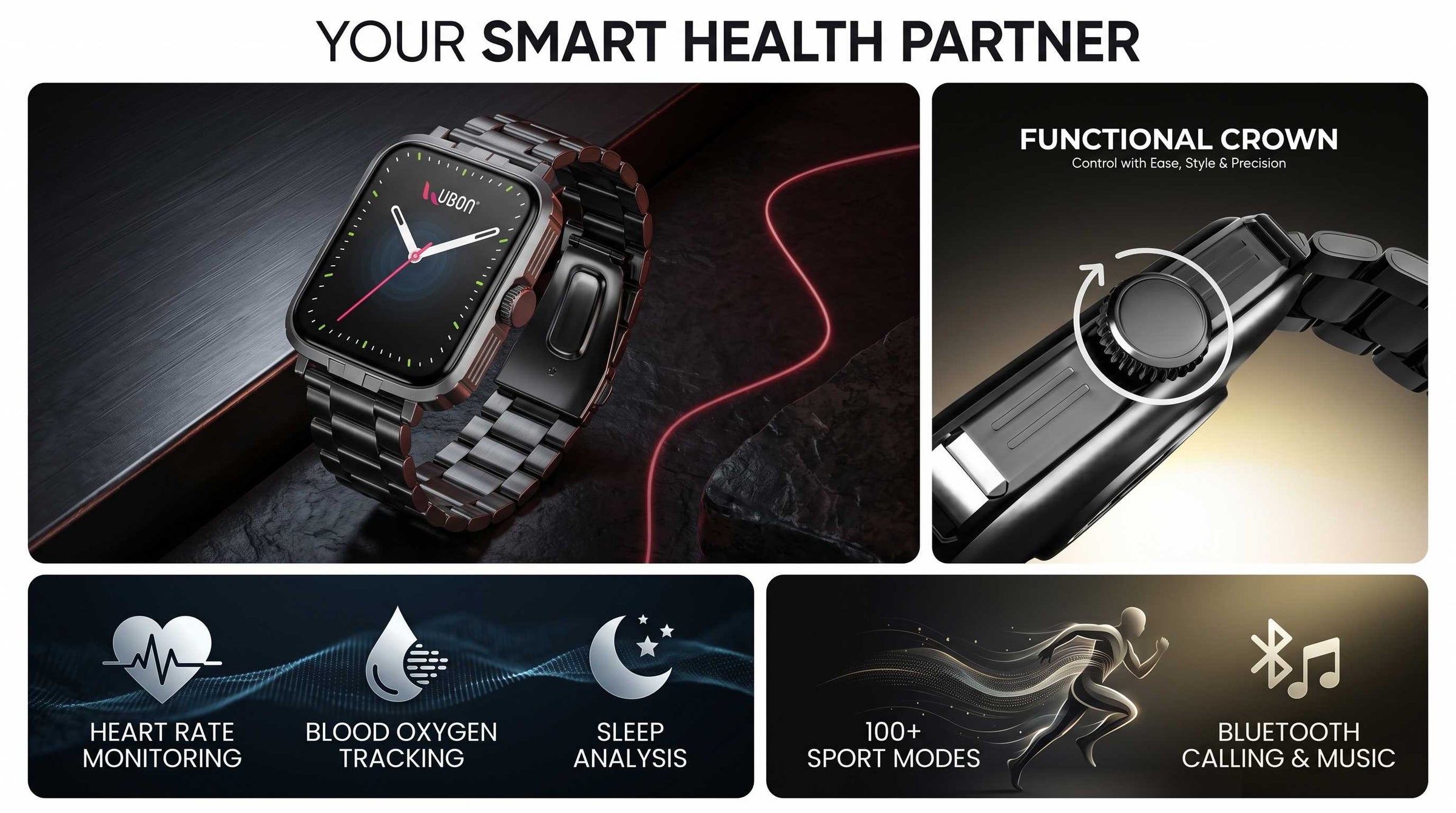 UBON Black SW-181 Active Pro Smartwatch with Premium Metal Strap