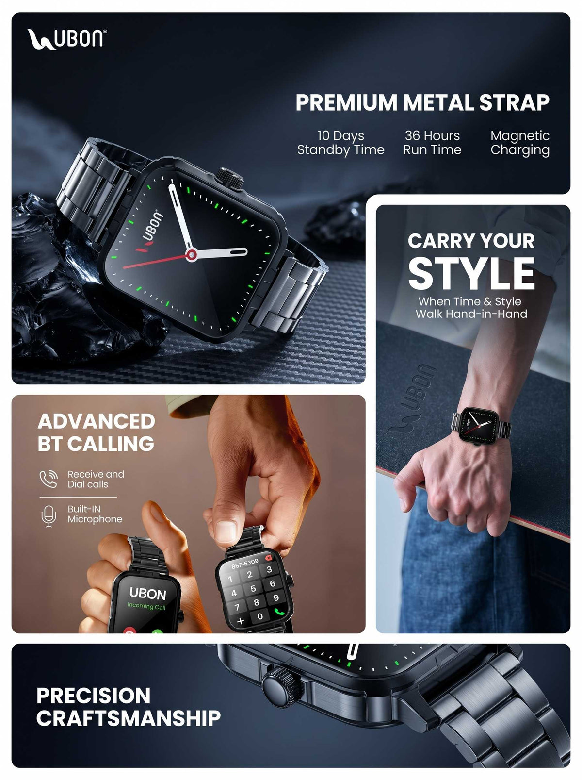 UBON Black SW-181 Active Pro Smartwatch with Premium Metal Strap