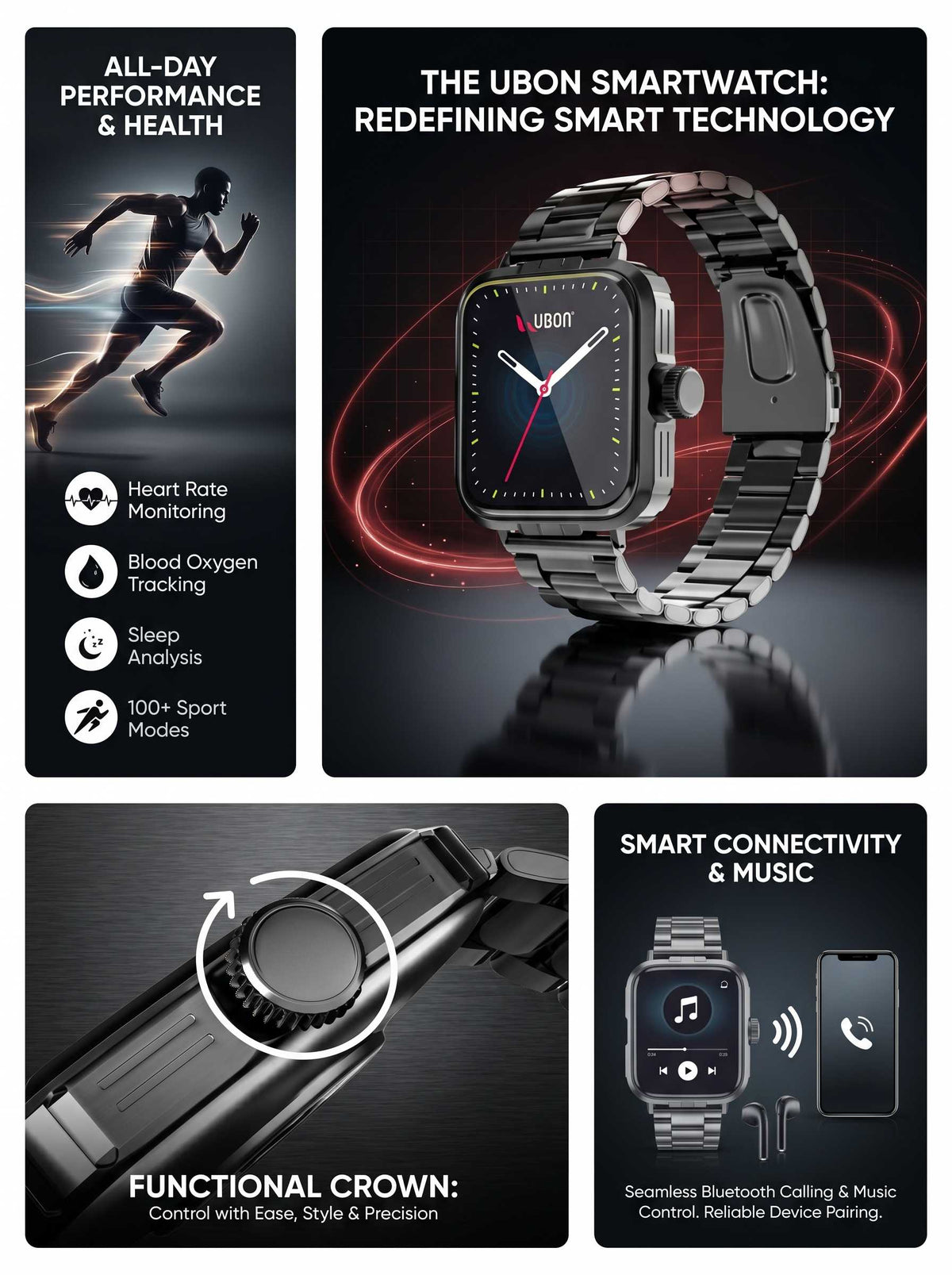 UBON Black SW-181 Active Pro Smartwatch with Premium Metal Strap
