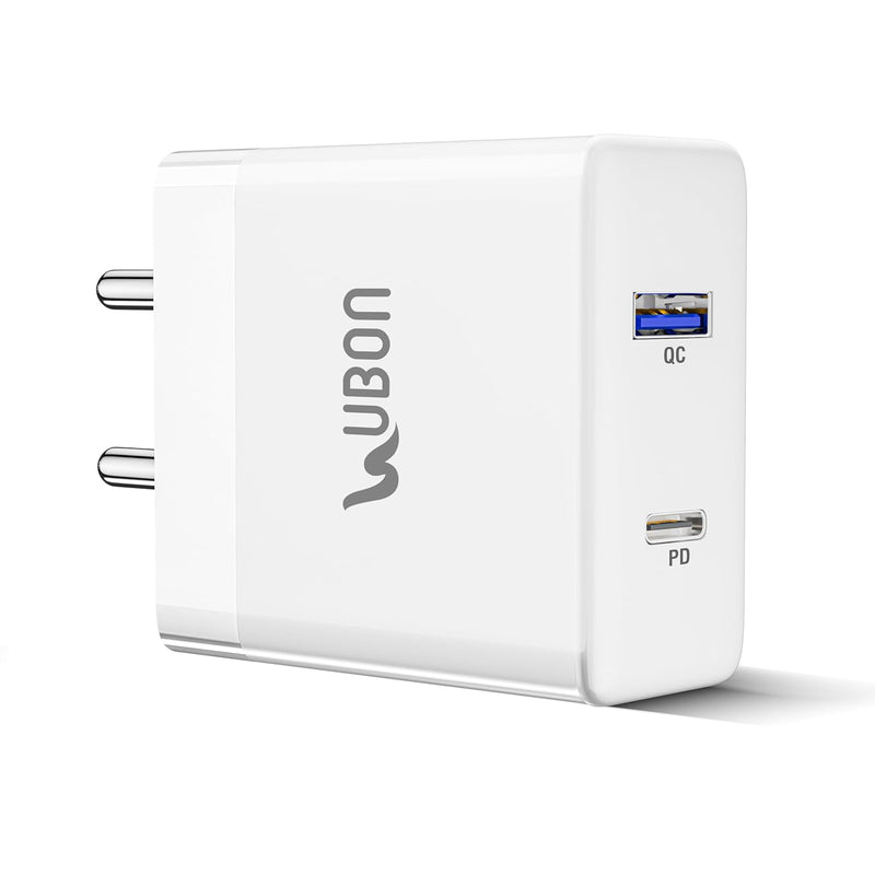 UBON CH650 65W Dual USB Port 3.4 Amp Wall Charger Fast Charging Adapter with Type-C Cable for Smartphone & Tablets, BIS Certified, Smart Protection for Short Circuit & Overheating- White
